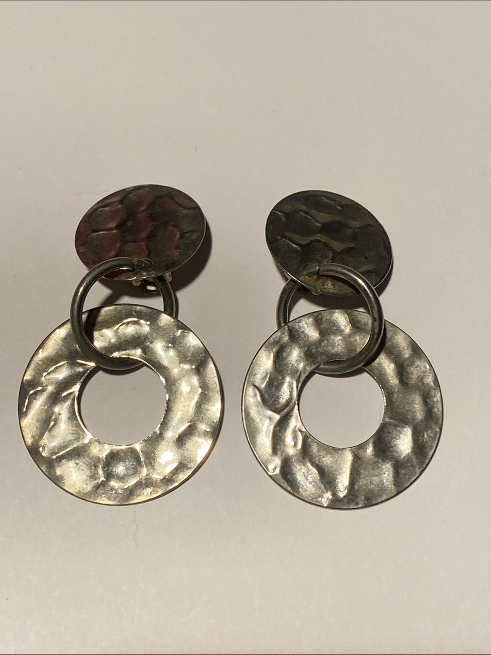 Vintage Silver Textured hammered Ring Drop clip Earrings
